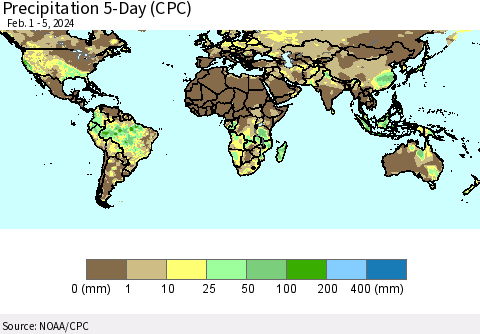 World Precipitation 5-Day (CPC) Thematic Map For 2/1/2024 - 2/5/2024