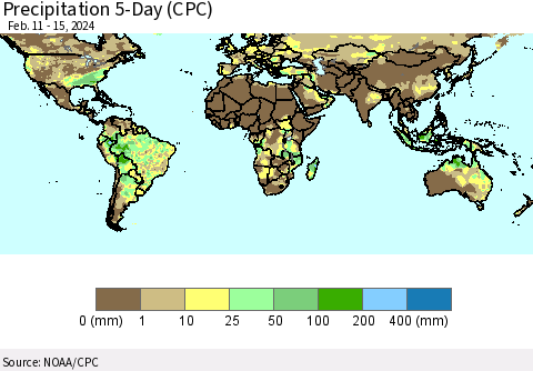 World Precipitation 5-Day (CPC) Thematic Map For 2/11/2024 - 2/15/2024