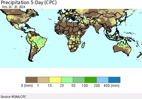 World Precipitation 5-Day (CPC) Thematic Map For 2/16/2024 - 2/20/2024