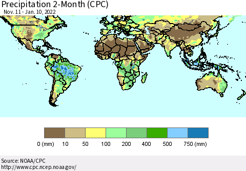 World Precipitation 2-Month (CPC) Thematic Map For 11/11/2021 - 1/10/2022