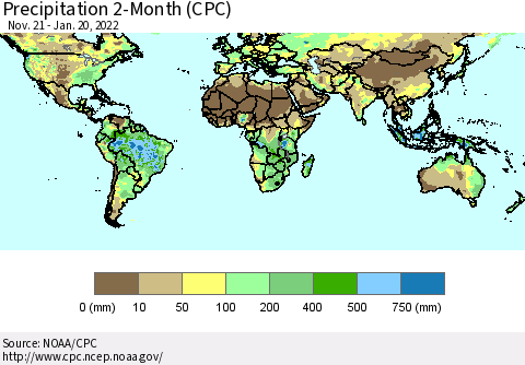 World Precipitation 2-Month (CPC) Thematic Map For 11/21/2021 - 1/20/2022