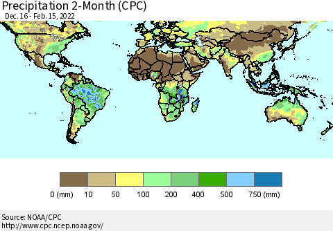 World Precipitation 2-Month (CPC) Thematic Map For 12/16/2021 - 2/15/2022