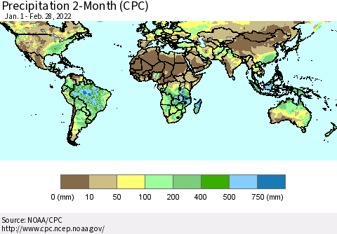 World Precipitation 2-Month (CPC) Thematic Map For 1/1/2022 - 2/28/2022