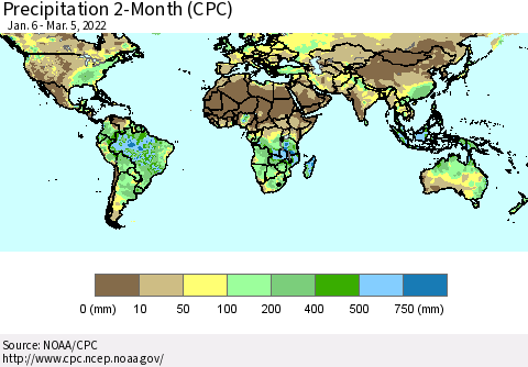 World Precipitation 2-Month (CPC) Thematic Map For 1/6/2022 - 3/5/2022