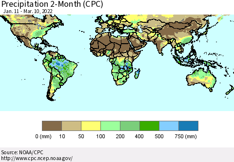 World Precipitation 2-Month (CPC) Thematic Map For 1/11/2022 - 3/10/2022