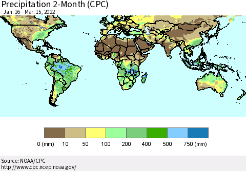 World Precipitation 2-Month (CPC) Thematic Map For 1/16/2022 - 3/15/2022