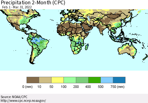 World Precipitation 2-Month (CPC) Thematic Map For 2/1/2022 - 3/31/2022