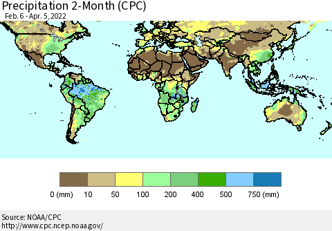 World Precipitation 2-Month (CPC) Thematic Map For 2/6/2022 - 4/5/2022
