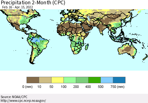 World Precipitation 2-Month (CPC) Thematic Map For 2/16/2022 - 4/15/2022