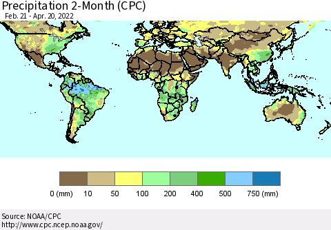 World Precipitation 2-Month (CPC) Thematic Map For 2/21/2022 - 4/20/2022