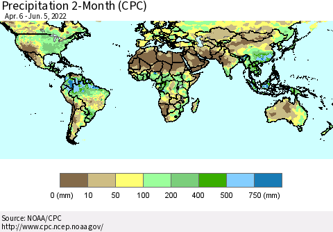 World Precipitation 2-Month (CPC) Thematic Map For 4/6/2022 - 6/5/2022