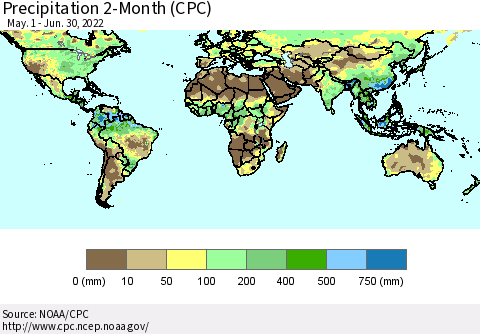World Precipitation 2-Month (CPC) Thematic Map For 5/1/2022 - 6/30/2022