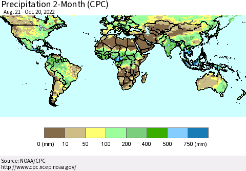 World Precipitation 2-Month (CPC) Thematic Map For 8/21/2022 - 10/20/2022