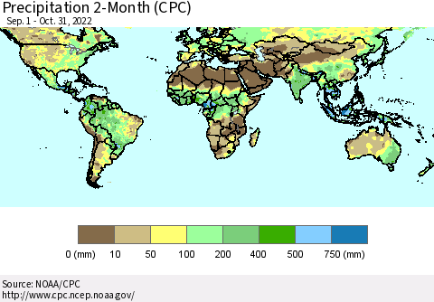 World Precipitation 2-Month (CPC) Thematic Map For 9/1/2022 - 10/31/2022