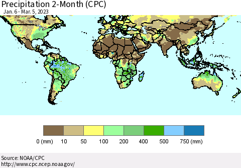 World Precipitation 2-Month (CPC) Thematic Map For 1/6/2023 - 3/5/2023