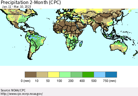 World Precipitation 2-Month (CPC) Thematic Map For 1/11/2023 - 3/10/2023