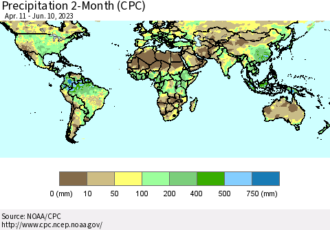 World Precipitation 2-Month (CPC) Thematic Map For 4/11/2023 - 6/10/2023