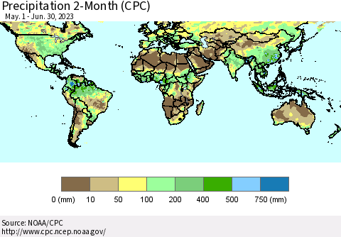 World Precipitation 2-Month (CPC) Thematic Map For 5/1/2023 - 6/30/2023