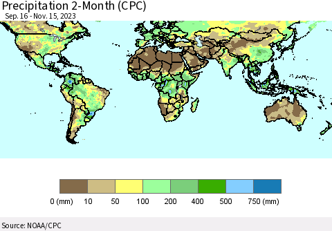 World Precipitation 2-Month (CPC) Thematic Map For 9/16/2023 - 11/15/2023
