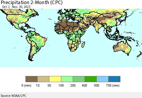World Precipitation 2-Month (CPC) Thematic Map For 10/1/2023 - 11/30/2023