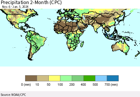 World Precipitation 2-Month (CPC) Thematic Map For 11/6/2023 - 1/5/2024