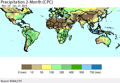World Precipitation 2-Month (CPC) Thematic Map For 11/16/2023 - 1/15/2024