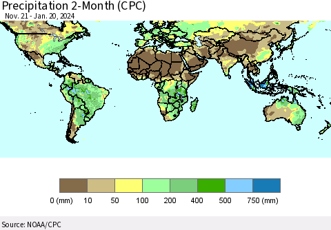 World Precipitation 2-Month (CPC) Thematic Map For 11/21/2023 - 1/20/2024