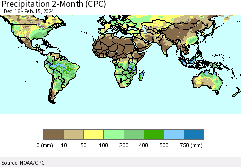 World Precipitation 2-Month (CPC) Thematic Map For 12/16/2023 - 2/15/2024