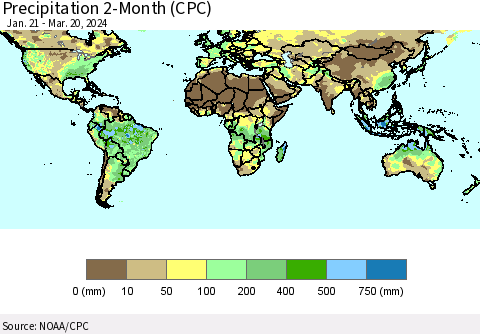 World Precipitation 2-Month (CPC) Thematic Map For 1/21/2024 - 3/20/2024