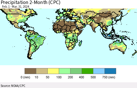 World Precipitation 2-Month (CPC) Thematic Map For 2/1/2024 - 3/31/2024