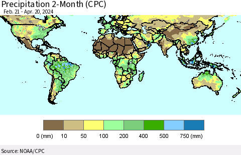 World Precipitation 2-Month (CPC) Thematic Map For 2/21/2024 - 4/20/2024