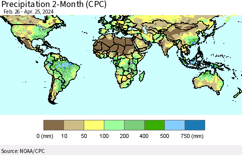 World Precipitation 2-Month (CPC) Thematic Map For 2/26/2024 - 4/25/2024