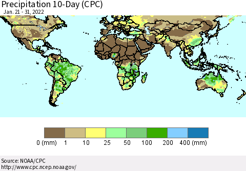 World Precipitation 10-Day (CPC) Thematic Map For 1/21/2022 - 1/31/2022