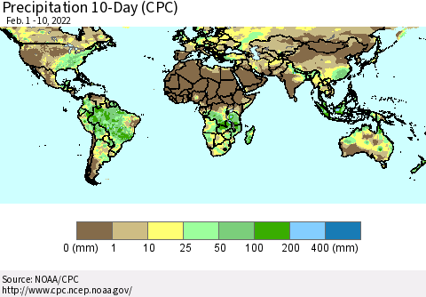 World Precipitation 10-Day (CPC) Thematic Map For 2/1/2022 - 2/10/2022