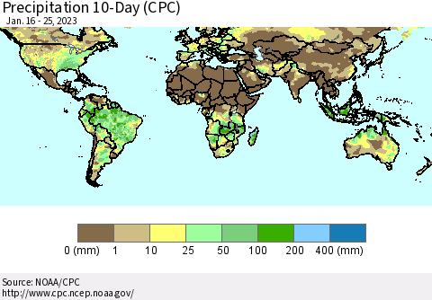 World Precipitation 10-Day (CPC) Thematic Map For 1/16/2023 - 1/25/2023