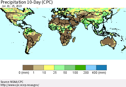 World Precipitation 10-Day (CPC) Thematic Map For 7/16/2023 - 7/25/2023