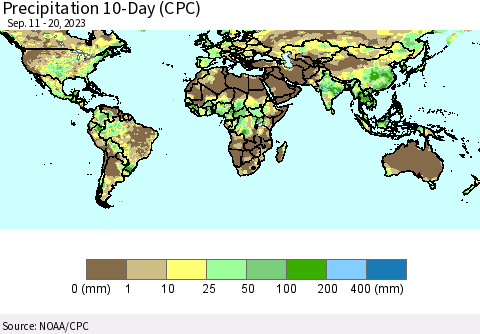 World Precipitation 10-Day (CPC) Thematic Map For 9/11/2023 - 9/20/2023
