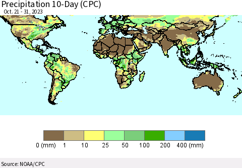 World Precipitation 10-Day (CPC) Thematic Map For 10/21/2023 - 10/31/2023