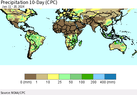 World Precipitation 10-Day (CPC) Thematic Map For 1/11/2024 - 1/20/2024