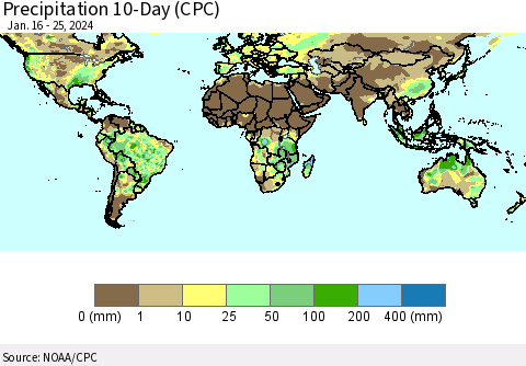 World Precipitation 10-Day (CPC) Thematic Map For 1/16/2024 - 1/25/2024