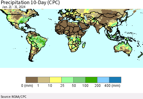 World Precipitation 10-Day (CPC) Thematic Map For 1/21/2024 - 1/31/2024