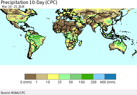 World Precipitation 10-Day (CPC) Thematic Map For 3/16/2024 - 3/25/2024