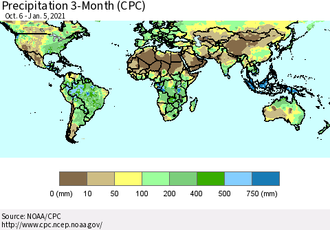 World Precipitation 3-Month (CPC) Thematic Map For 10/6/2020 - 1/5/2021