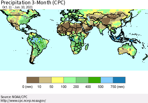 World Precipitation 3-Month (CPC) Thematic Map For 10/11/2020 - 1/10/2021