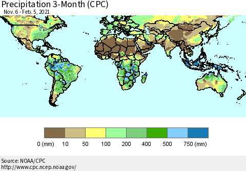 World Precipitation 3-Month (CPC) Thematic Map For 11/6/2020 - 2/5/2021