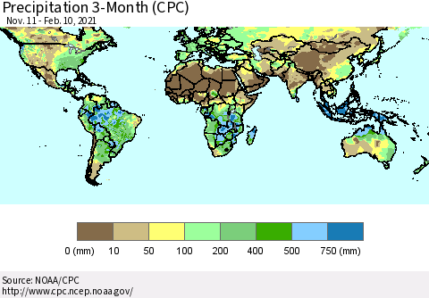 World Precipitation 3-Month (CPC) Thematic Map For 11/11/2020 - 2/10/2021