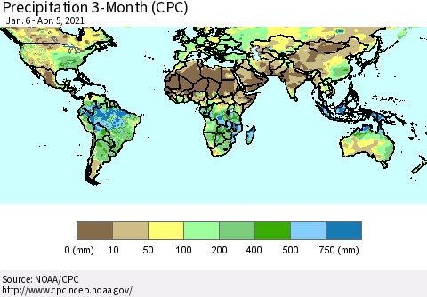 World Precipitation 3-Month (CPC) Thematic Map For 1/6/2021 - 4/5/2021