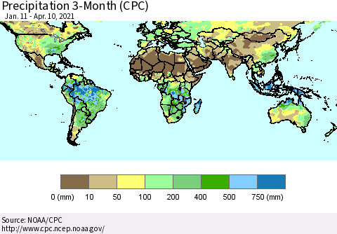 World Precipitation 3-Month (CPC) Thematic Map For 1/11/2021 - 4/10/2021