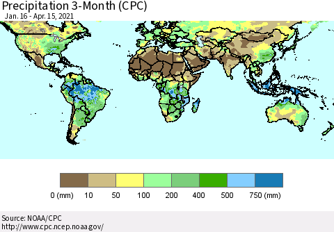 World Precipitation 3-Month (CPC) Thematic Map For 1/16/2021 - 4/15/2021