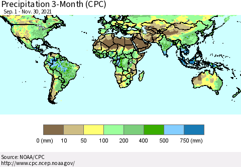 World Precipitation 3-Month (CPC) Thematic Map For 9/1/2021 - 11/30/2021